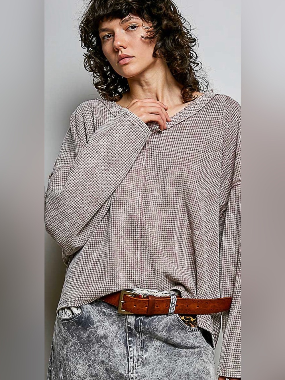 Relaxed POL Waffle-Knit Long Sleeve Sweater - Rosie Taupe